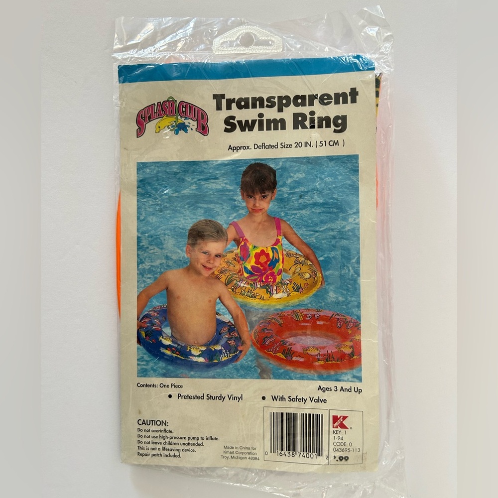 Vintage 90’s Splash Club 20” Inflatable Transparent Swim Ring in Orange - NWT